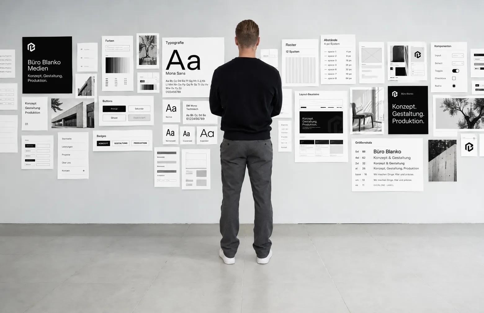 Person von hinten vor einer Wand mit Entwürfen zu Typografie, Farben, Raster und Komponenten eines Corporate Designs