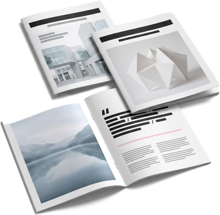 Drei gestaltete Kundenmagazine: Titel mit Architekturfoto und Papierskulptur, davor eine aufgeschlagene Doppelseite mit Seelandschaft und Zitat