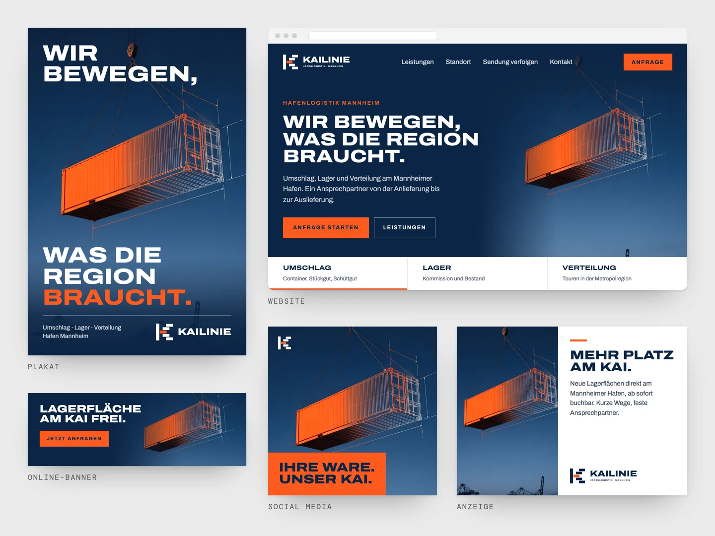 Beispiel für ein Key Visual: Ein orangefarbener Container am Kranhaken, der zur Hälfte in eine technische Zeichnung mit Maßlinien übergeht, vor blauem Abendhimmel. Er erscheint auf Plakat, Website, Online-Banner, Social-Media-Post und Anzeige der fiktiven Hafenlogistik-Marke Kailinie, jeweils mit eigenem Layout und Text
