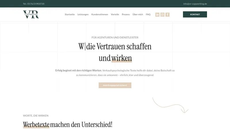Website von VR Copywriting, Agentur und Marketing, Startseite