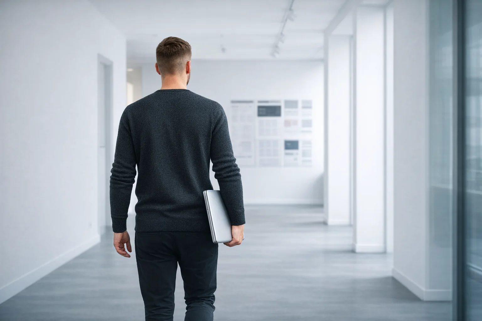 Philipp Ludwig von Büro Blanko geht mit dem Laptop unter dem Arm durch ein helles Studio, hinten hängen Website-Entwürfe an der Wand